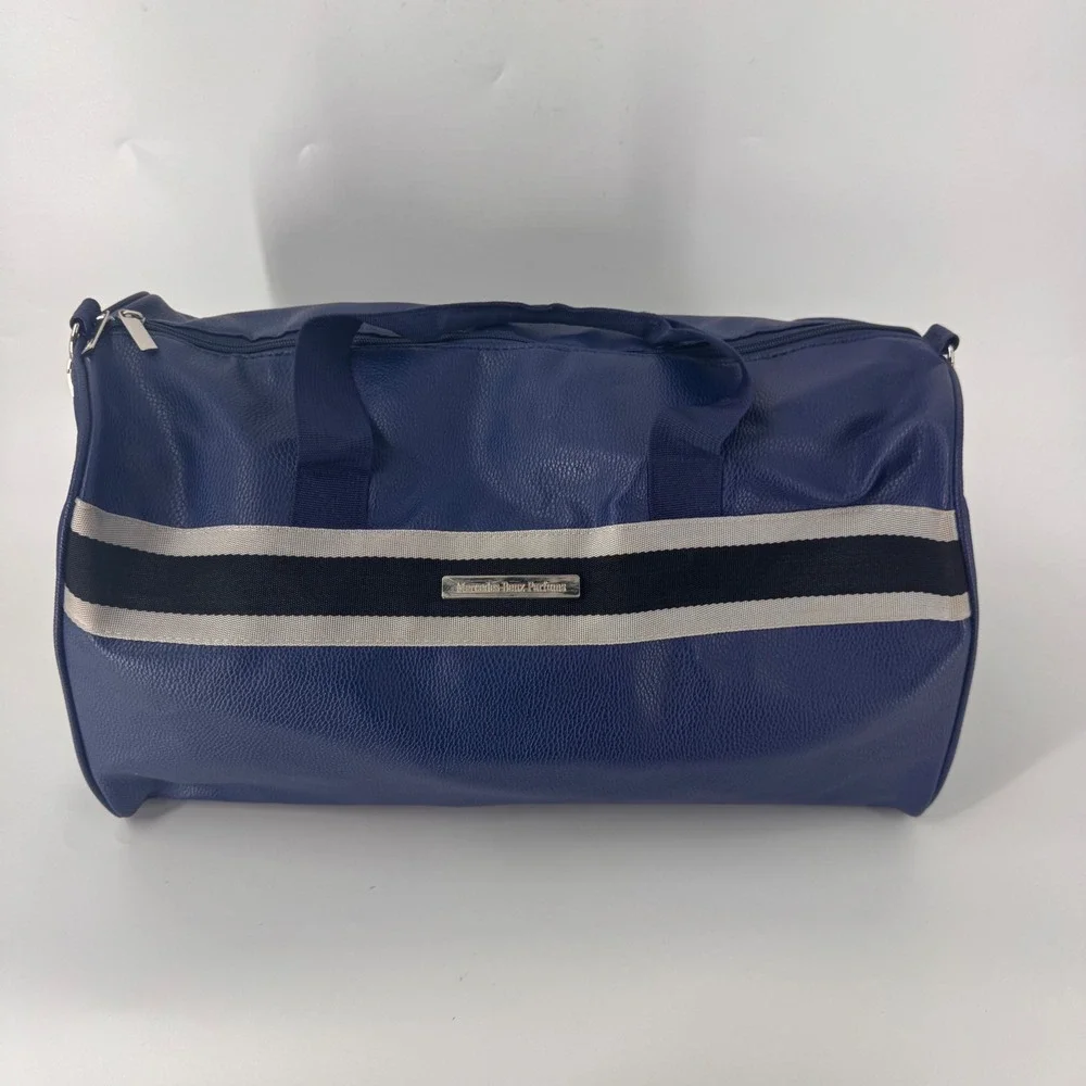 Mercedes Benz Parfums Navy Blue Pebbled Faux Leather Duffle Travel Bag Stripe